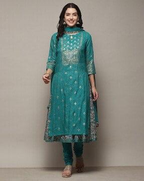 women geometric print layered kurta with pants & dupatta