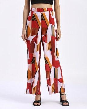 women geometric print loose fit flat-front pants with semi-elasticated waistband