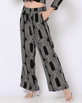 women geometric print palazzo pants with waist belt