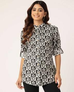 women geometric print relaxed fit tunic with mandarin collar