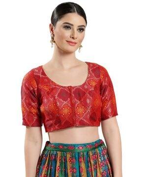 women geometric print round-neck front-open blouse