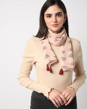 women geometric print scarf with tassels