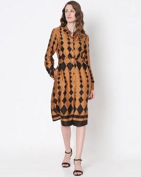 women geometric print shirt dress with belt