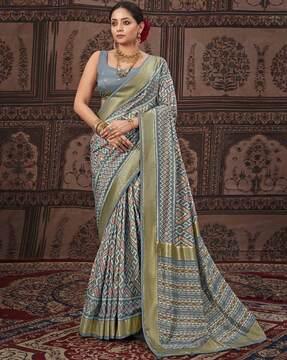 women geometric print silk saree with tassels