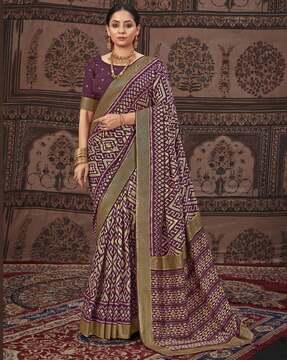 women geometric print silk saree with tassels