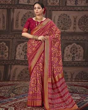 women geometric print silk saree with tassels