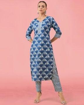 women geometric print straight kurta & pants set