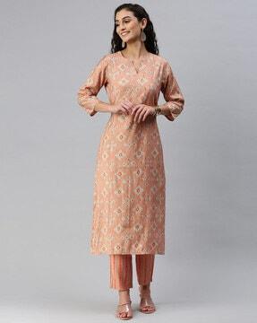 women geometric print straight kurta & pants set