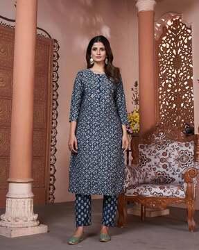 women geometric print straight kurta & pants set