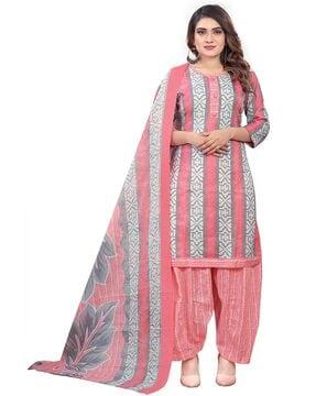 women geometric print straight kurta set with dupatta