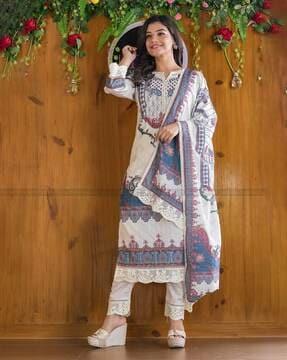 women geometric print straight kurta set with dupatta