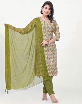 women geometric print straight kurta set with dupatta