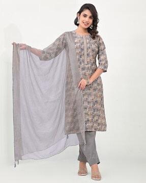 women geometric print straight kurta set with dupatta