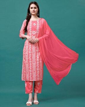 women geometric print straight kurta set with dupatta