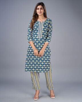 women geometric print straight kurta set