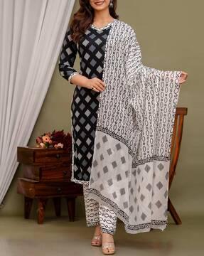women geometric print straight kurta suit set