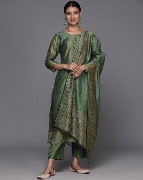 women geometric print straight kurta with pants & dupatta