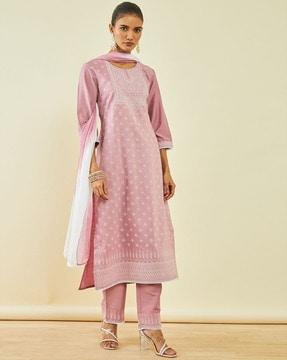 women geometric print straight kurta with pants & dupatta