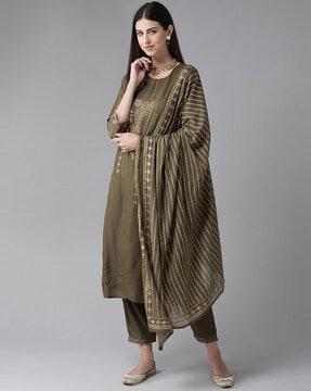 women geometric print straight kurta with pants & dupatta