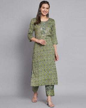 women geometric print straight kurta with pants