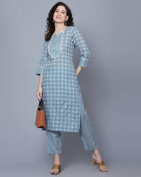 women geometric print straight kurta with pants