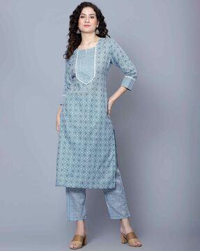 women geometric print straight kurta with pants