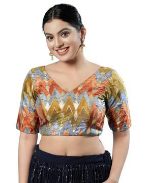 women geometric print v-neck back-open blouse