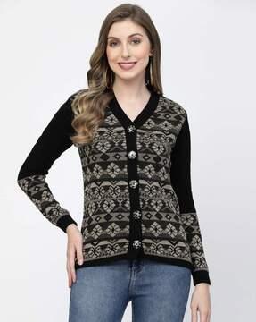 women geometric print v-neck cardigan