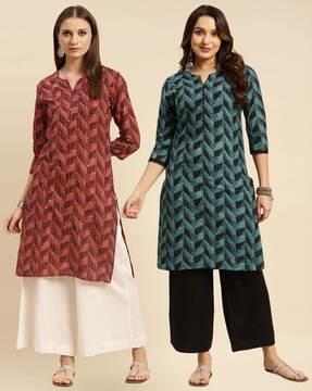 women geometric printed knee length straight kurti (pack of 2)