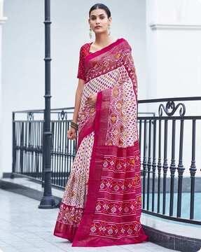 women geometric printed saree with unstitched blouse piece