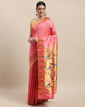 women geometric woven litchi silk saree