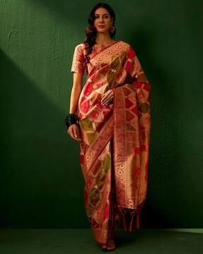women geometric woven organza silk saree