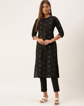 women geometric woven straight kurta & pants set