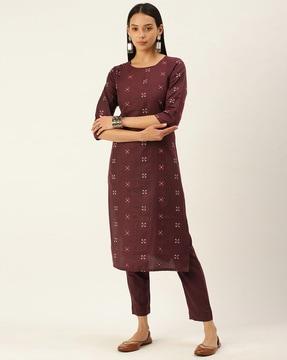 women geometric woven straight kurta & pants set