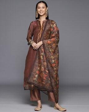 women geometric woven straight kurta suit set