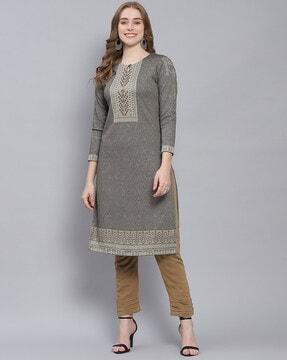 women geometric woven straight kurta