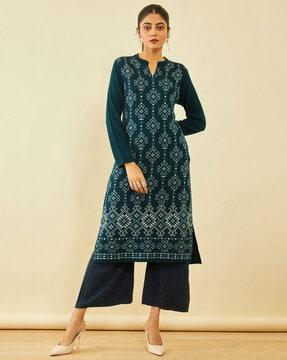 women geometric woven straight kurta