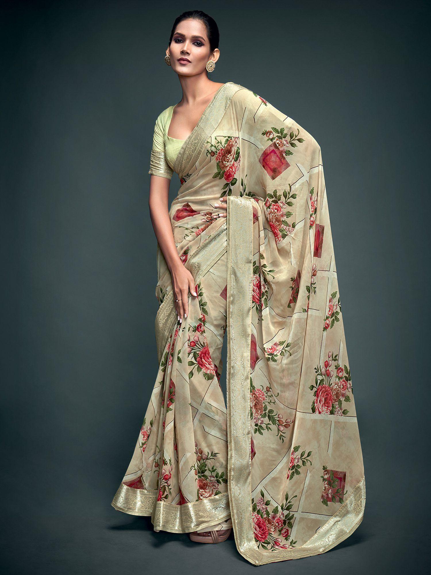 women georgette cream printed celebrity saree with unstitched blouse