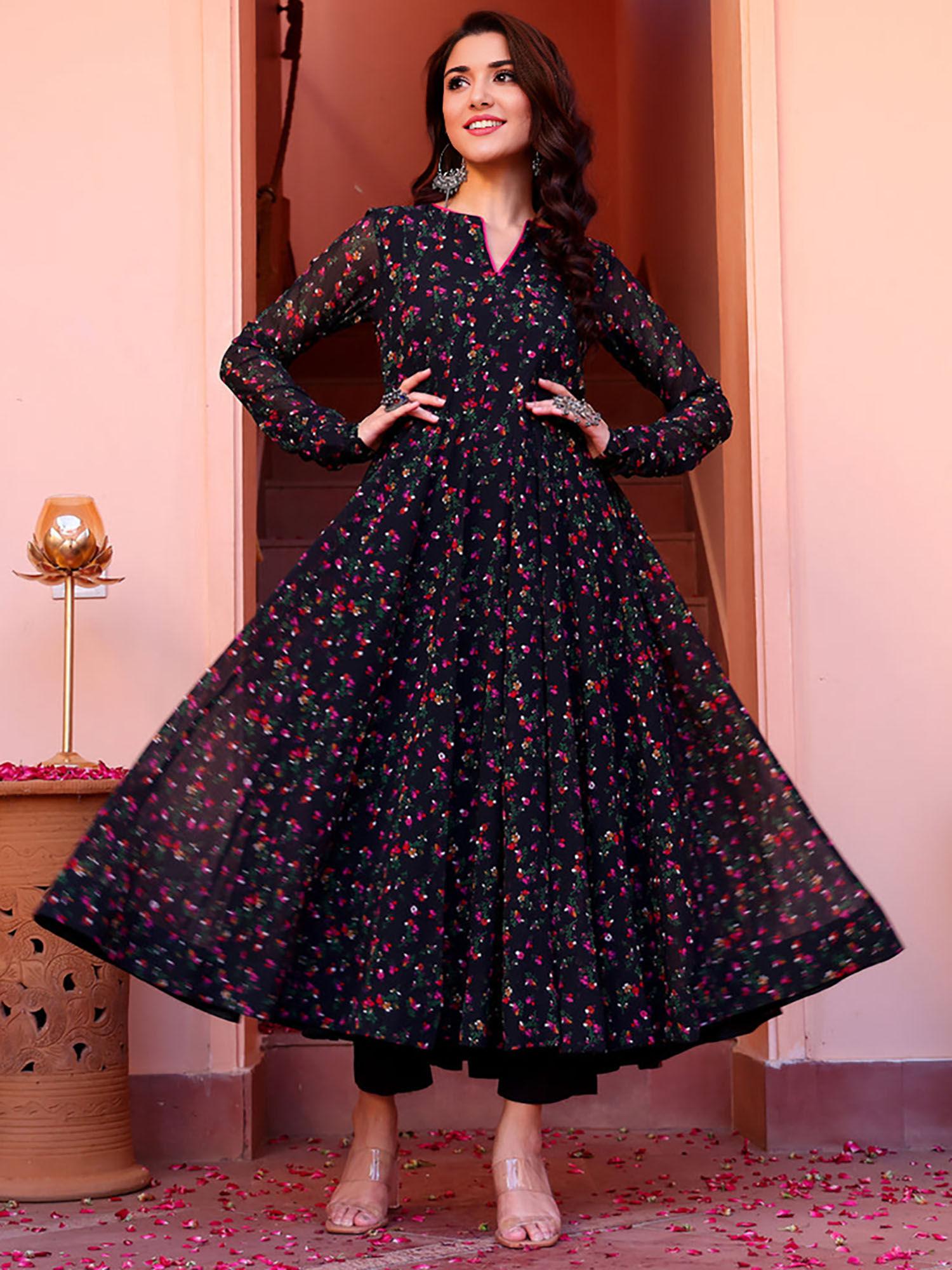 women georgette floral black anarkali kurta