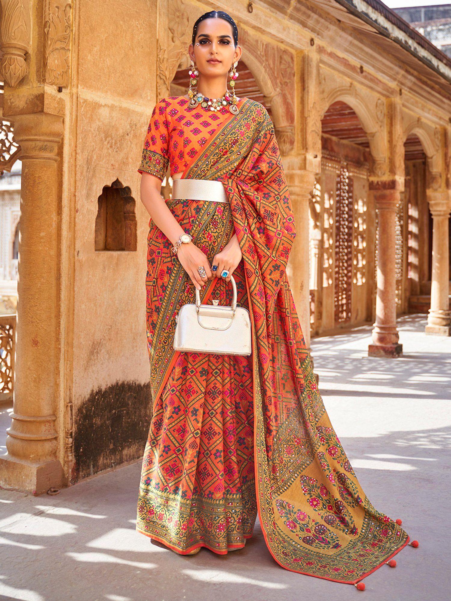 women georgette orange embellished designer saree with unstitched blouse piece
