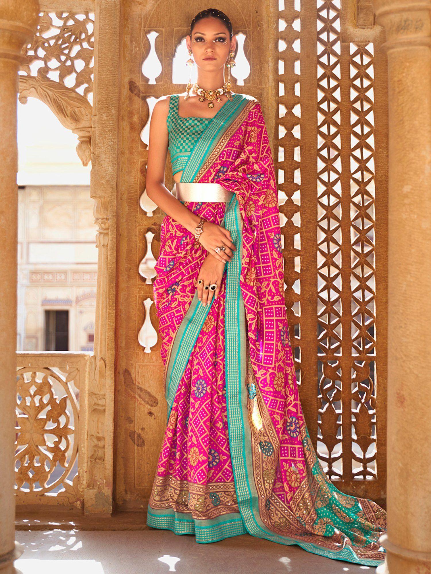 women georgette pink embellished designer saree with unstitched blouse piece