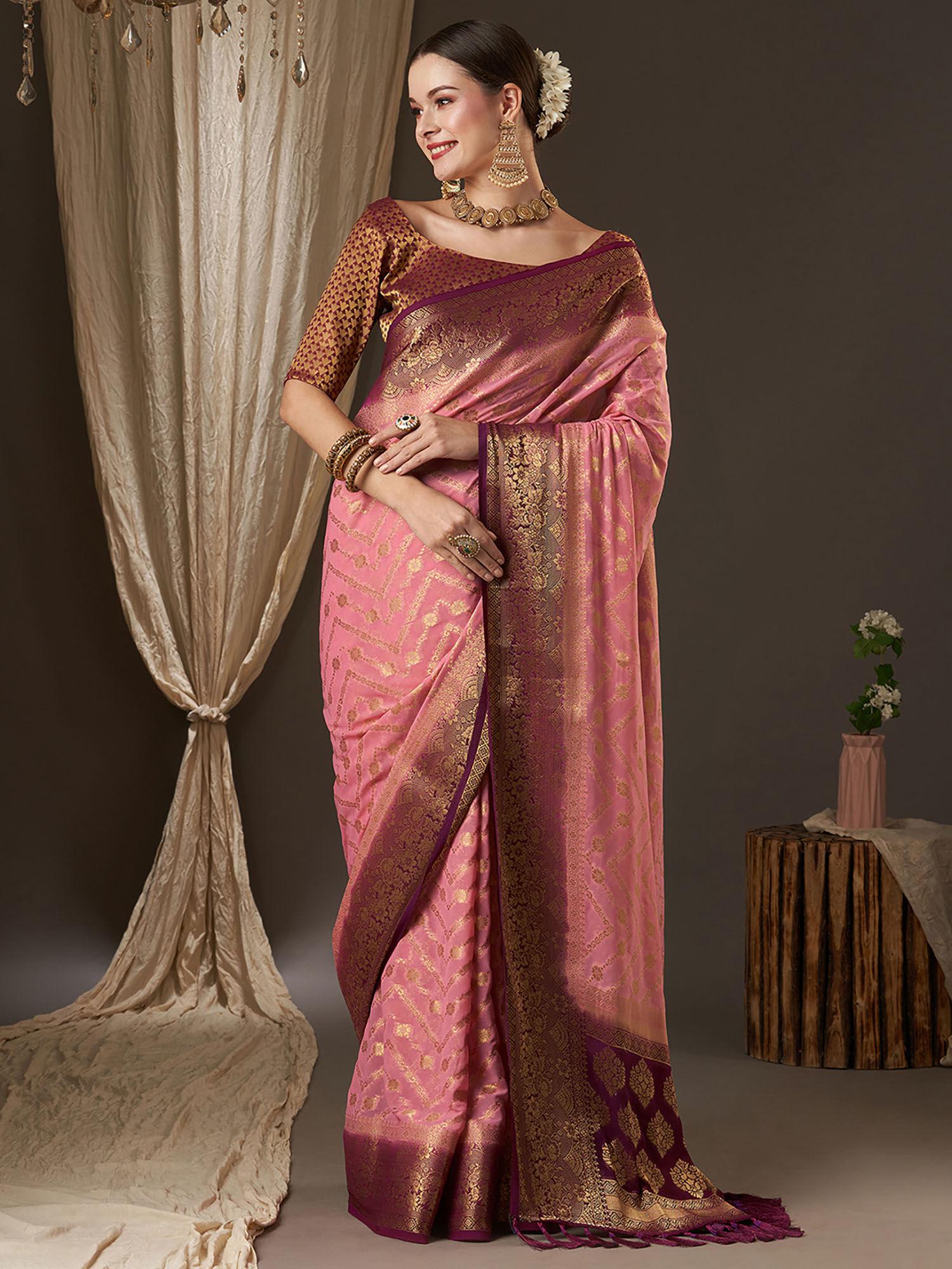 women georgette pink woven design designer saree with unstitched blouse