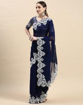 women georgette saree with floral embroidered border