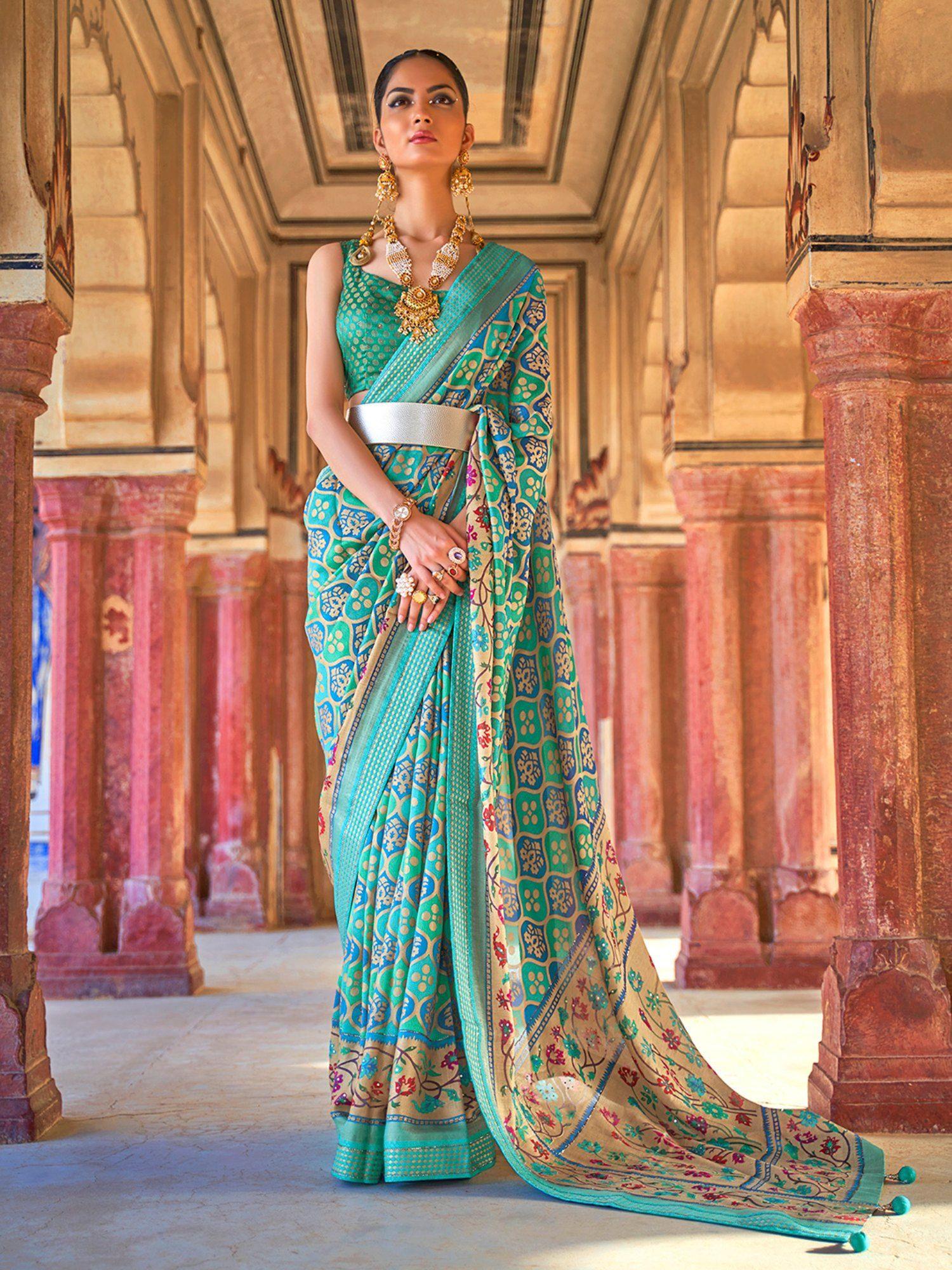 women georgette turquoise embellished designer saree with unstitched blouse piece
