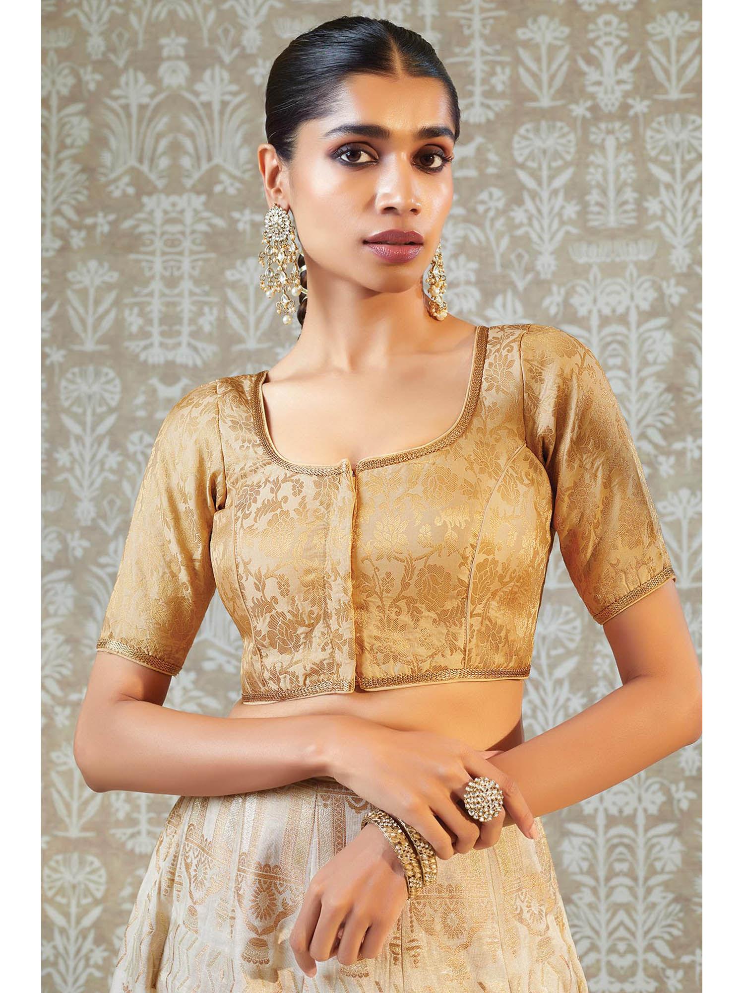 women gold art silk blouse with zari woven brocade floral designs