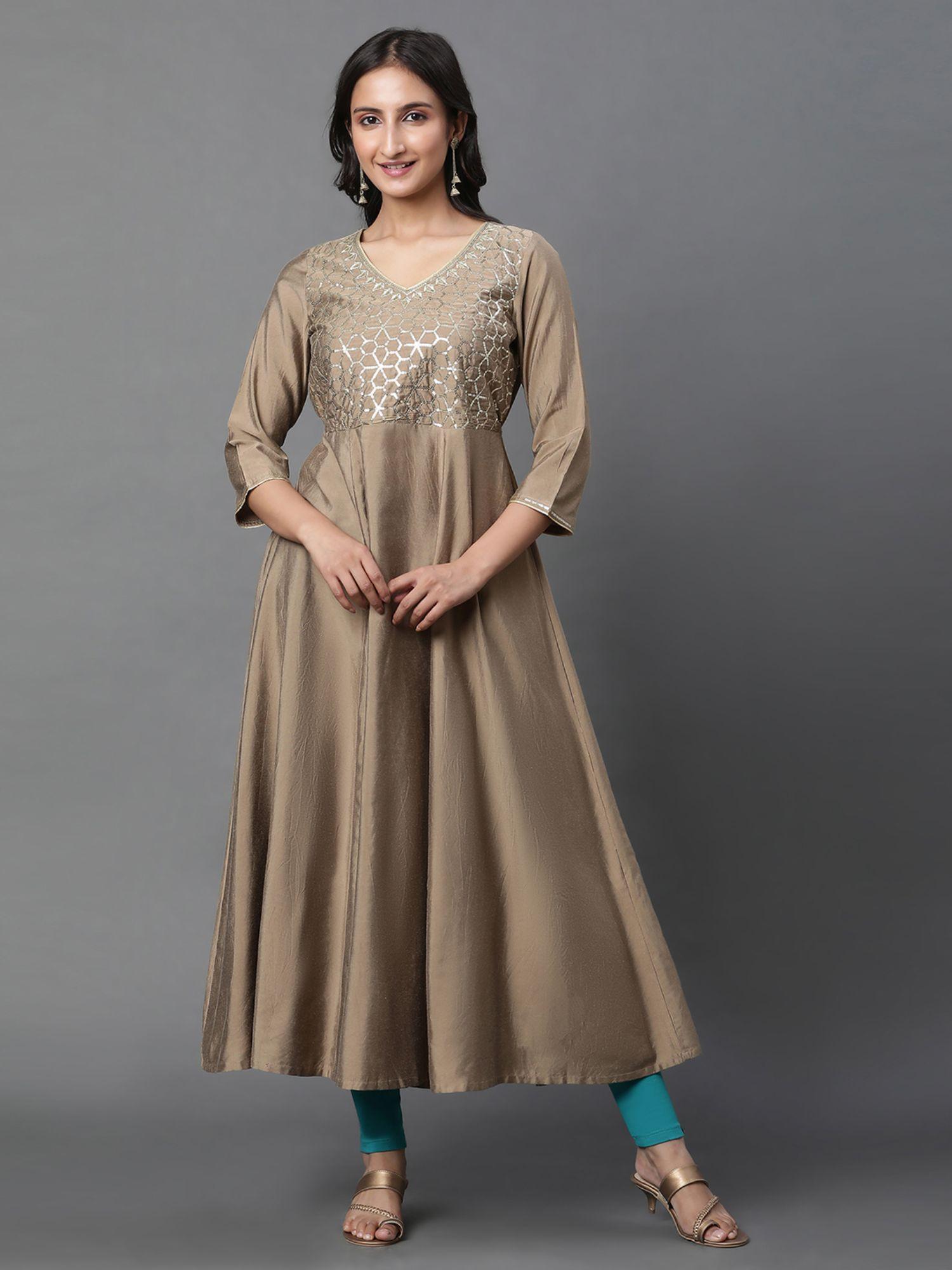 women gold embroidered three fourth sleeves v-neck anarkali kurta