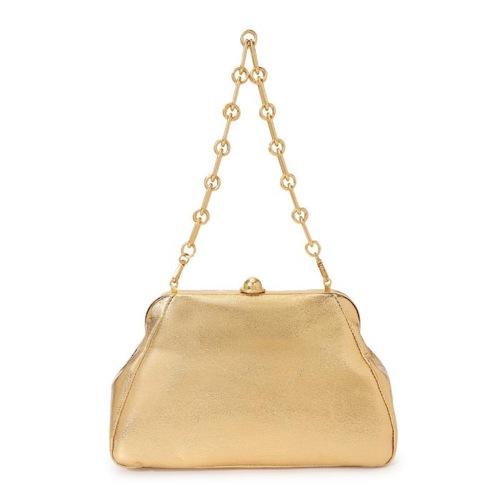 women gold large frame clutch bag