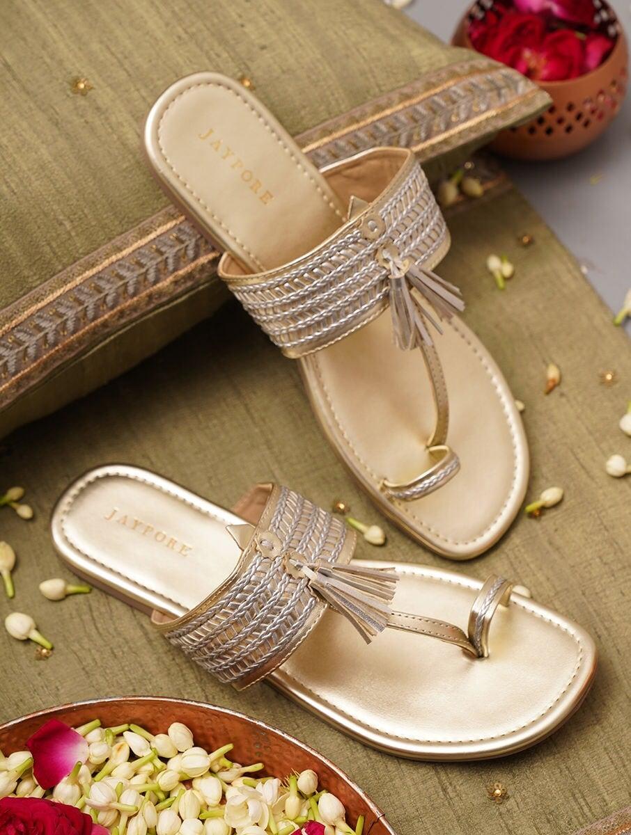 women gold leather braided open back one toe flats kolhapuris