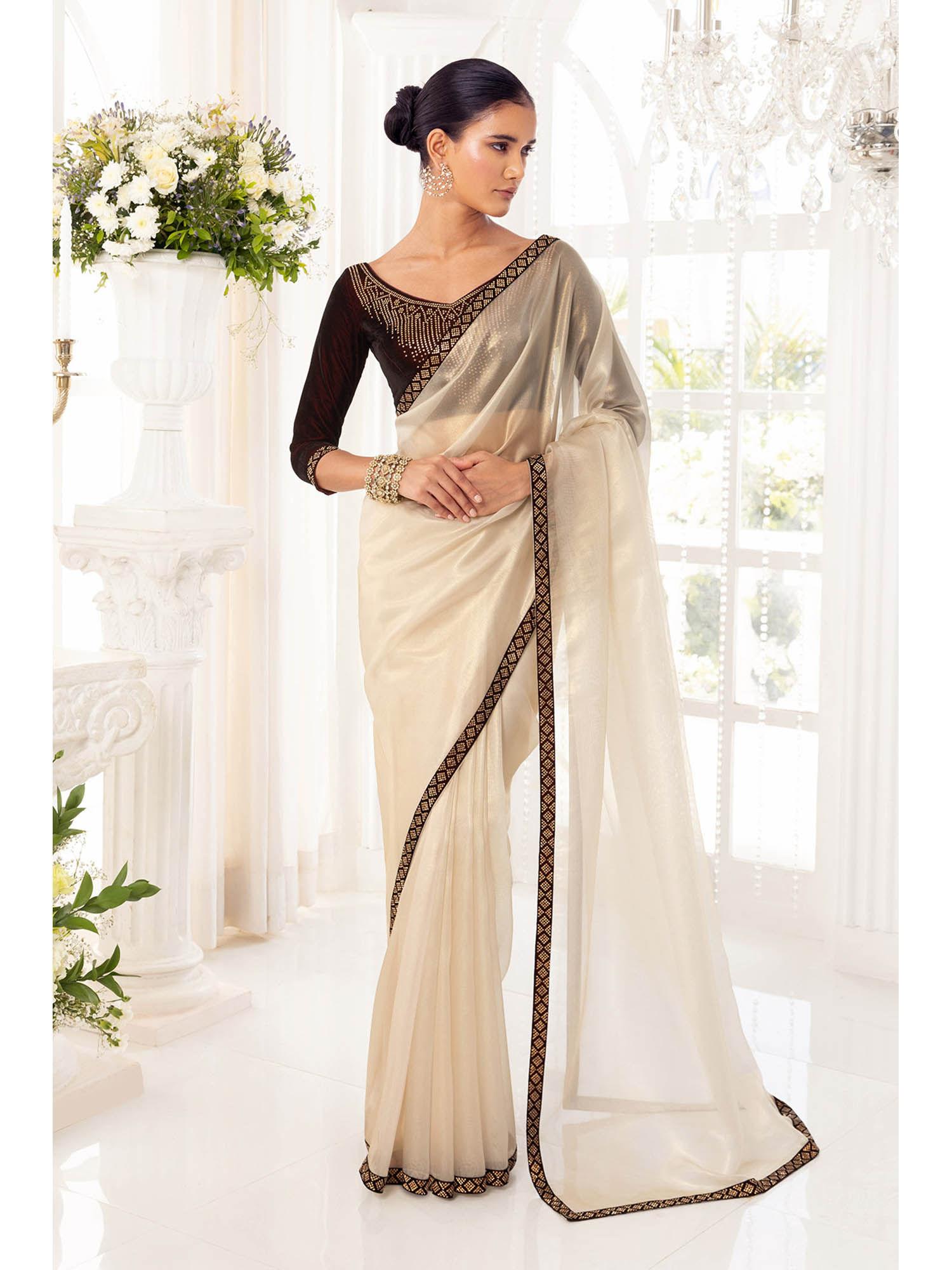 women gold net solid/plain saree with unstitched blouse