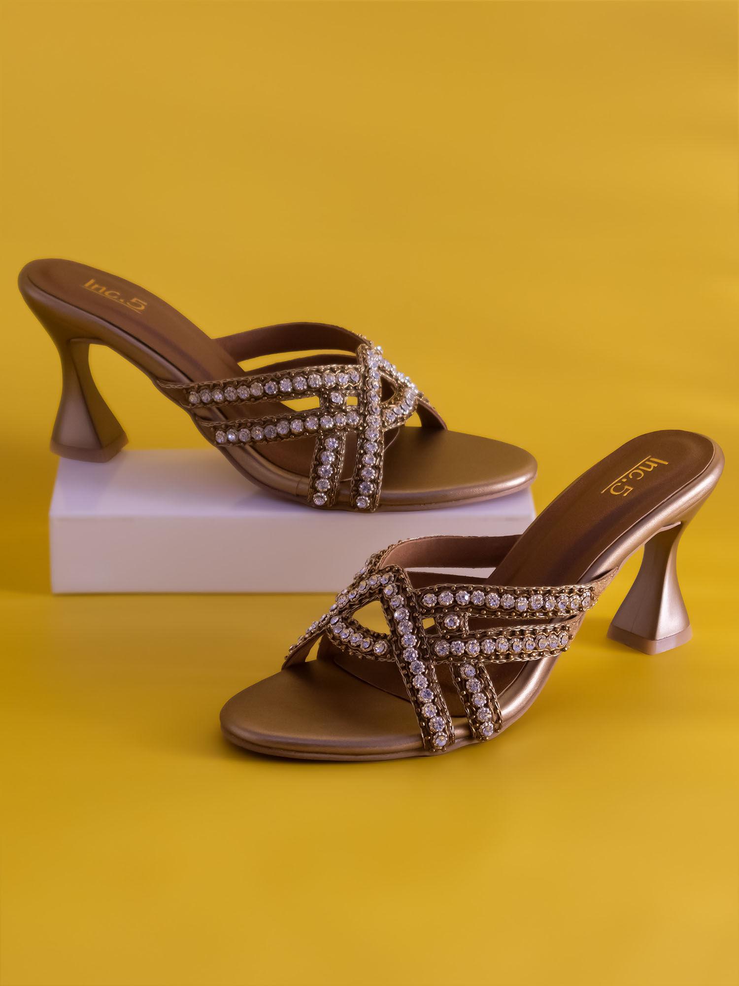 women gold party embellished kitten heels